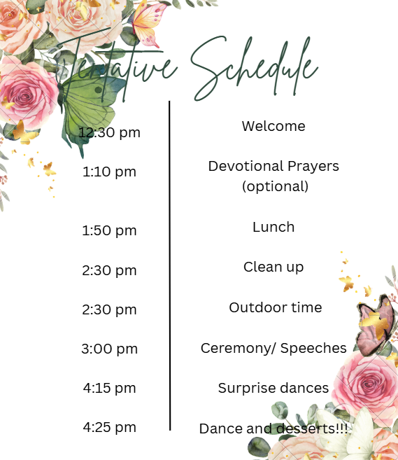 Schedule with floral design for Tahi's Quinceañera