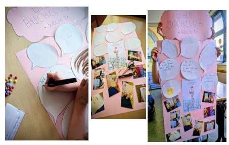 Kinder gestalten und befüllen ihre Buchclub-Pinnwand mit Sprechblasen und Fotos