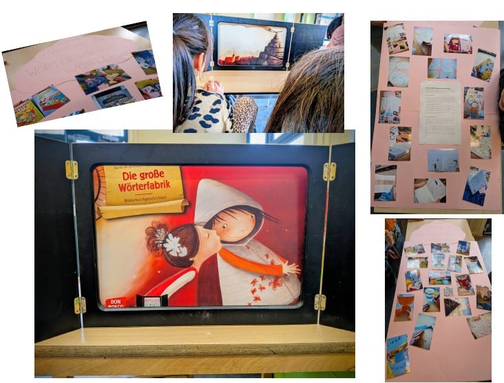 Collage Woche 2: Bilderbuchkino "Die große Wörterfabrik", Kinder ordnen Bildkarten und gestalten eine Ausstellung