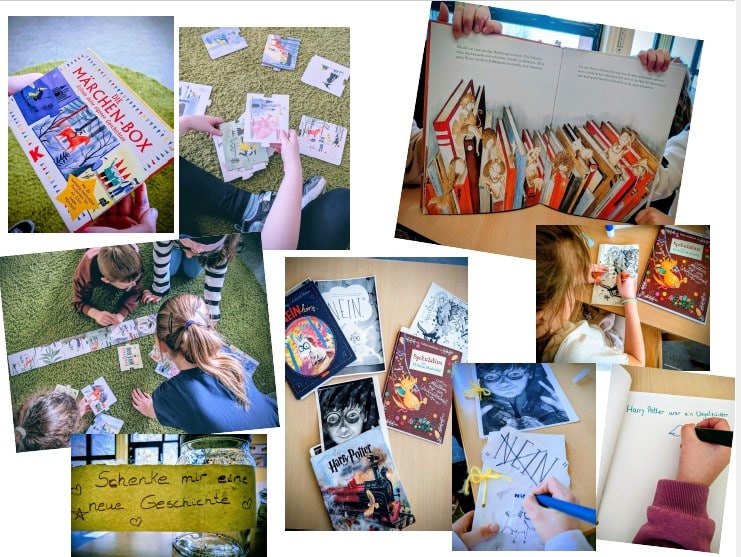 Collage Woche 2: Märchenbox, Buchkarten, selbst geschriebene Geschichten und Wortschatzgläser
