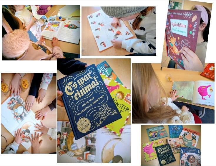 Collage Woche 3: Kinder lesen Märchenbücher, zeigen Bücher in die Kamera und erkunden gemeinsam Buchseiten