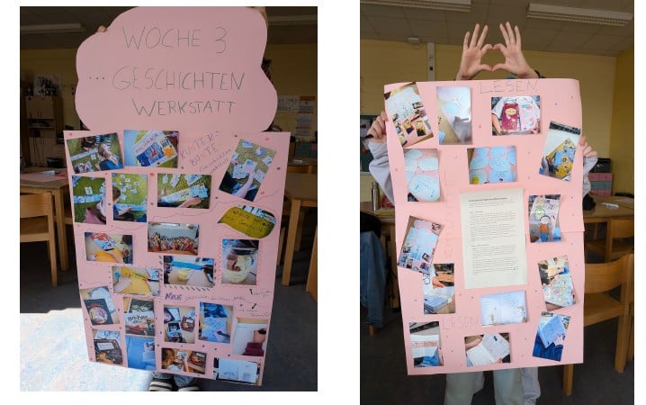 Pinnwände Woche 3 "Geschichtenwerkstatt" und "Lesen" mit Fotos, Texten und Herzzeichen der Kinder