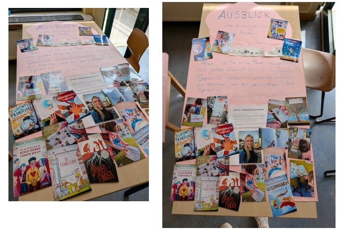 Zwei Ausblick-Plakate mit Buchempfehlungen, Fotos und handgeschriebenen Wünschen der Kinder