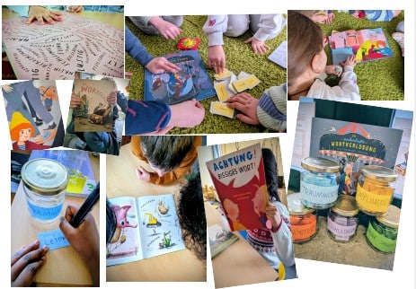 Collage Woche 1: Wortschatzgläser, Bücher, Lesespiele und Buchkarten auf dem Boden
