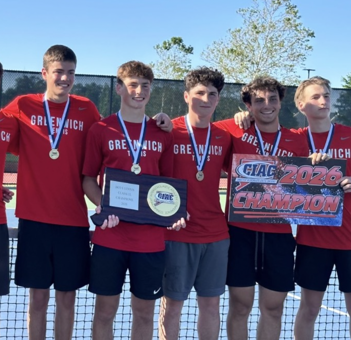 The Greenwich varsity tennis team holding their 2026 CIAC Class LL Champion plaques. The pictured 6NUP founders are highlighted.