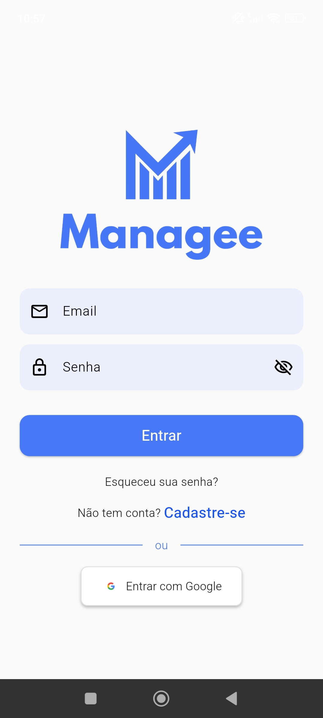 Tela de login do Managee com campos de e-mail e senha e opção de entrar com Google