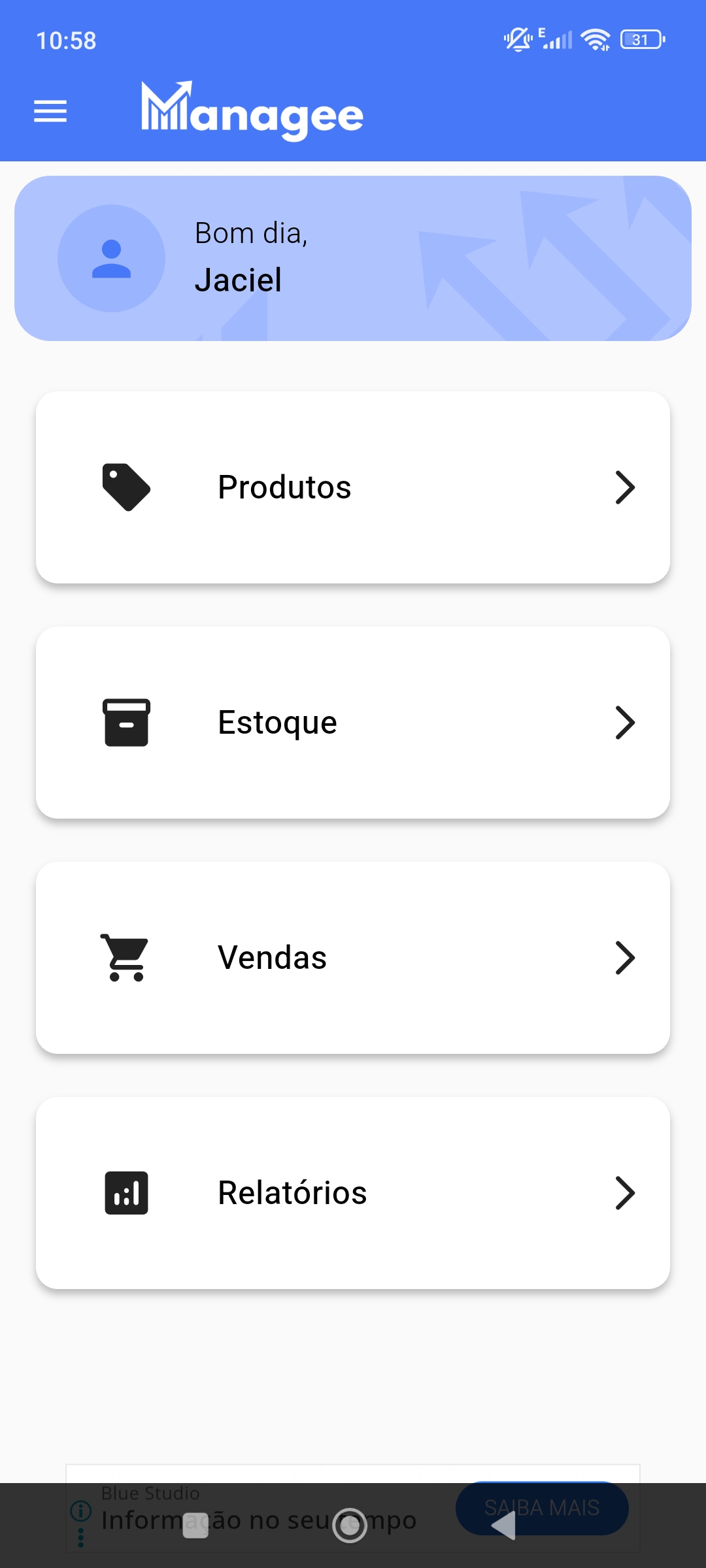 Tela inicial do Managee mostrando o menu de navegação com Produtos, Estoque, Vendas e Relatórios