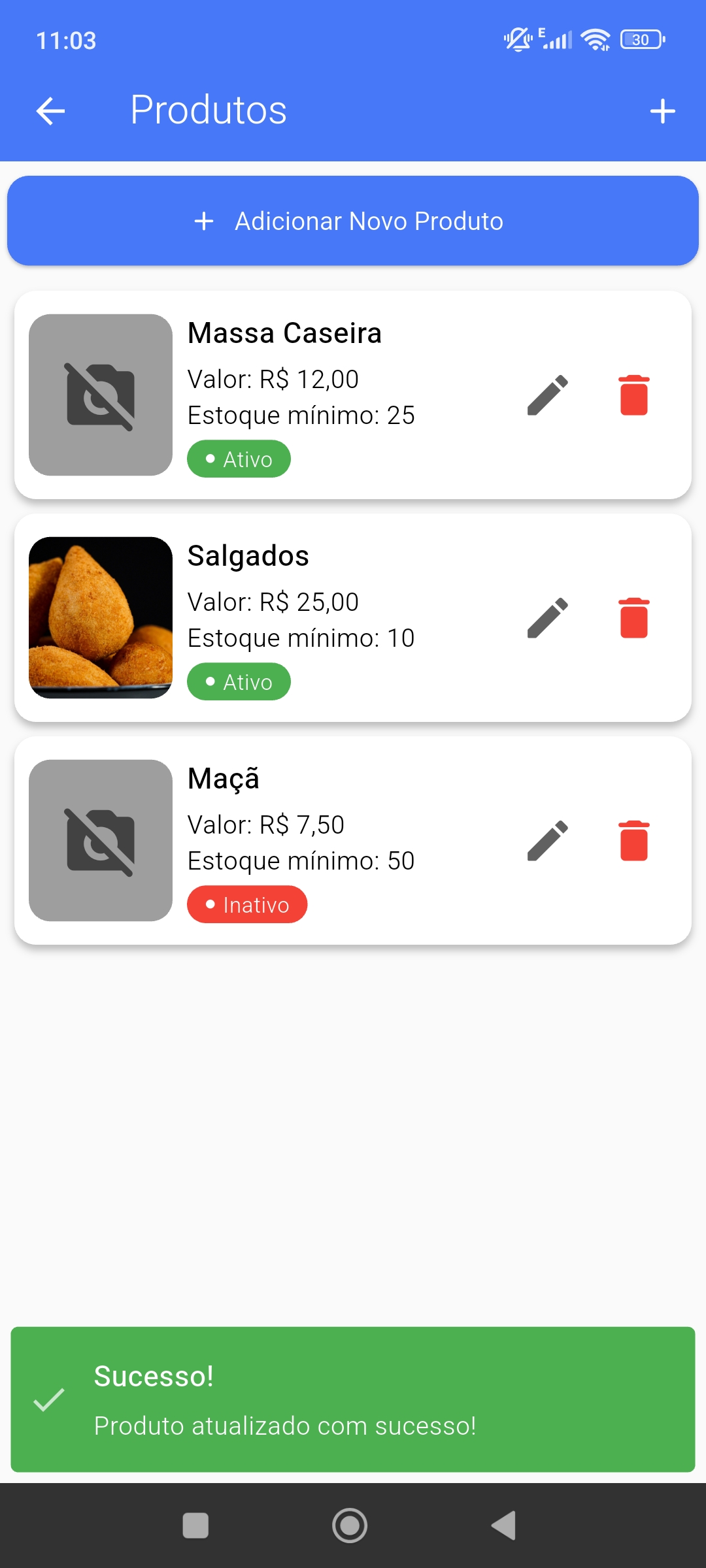 Tela de produtos do Managee listando itens com preços e status