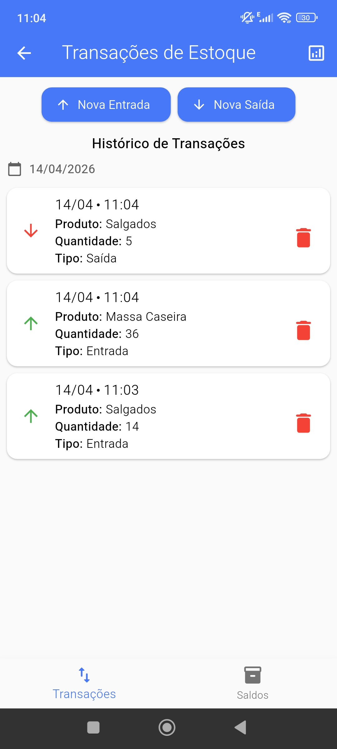 Tela de transações de estoque com histórico de entradas e saídas de produtos