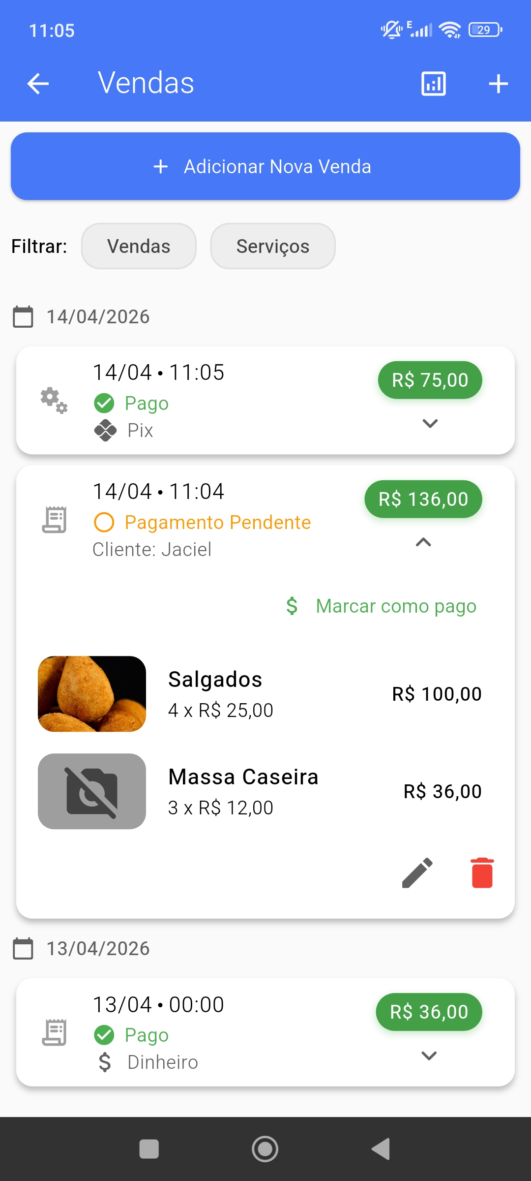 Tela de vendas do Managee com histórico de pedidos, valores e status de pagamento