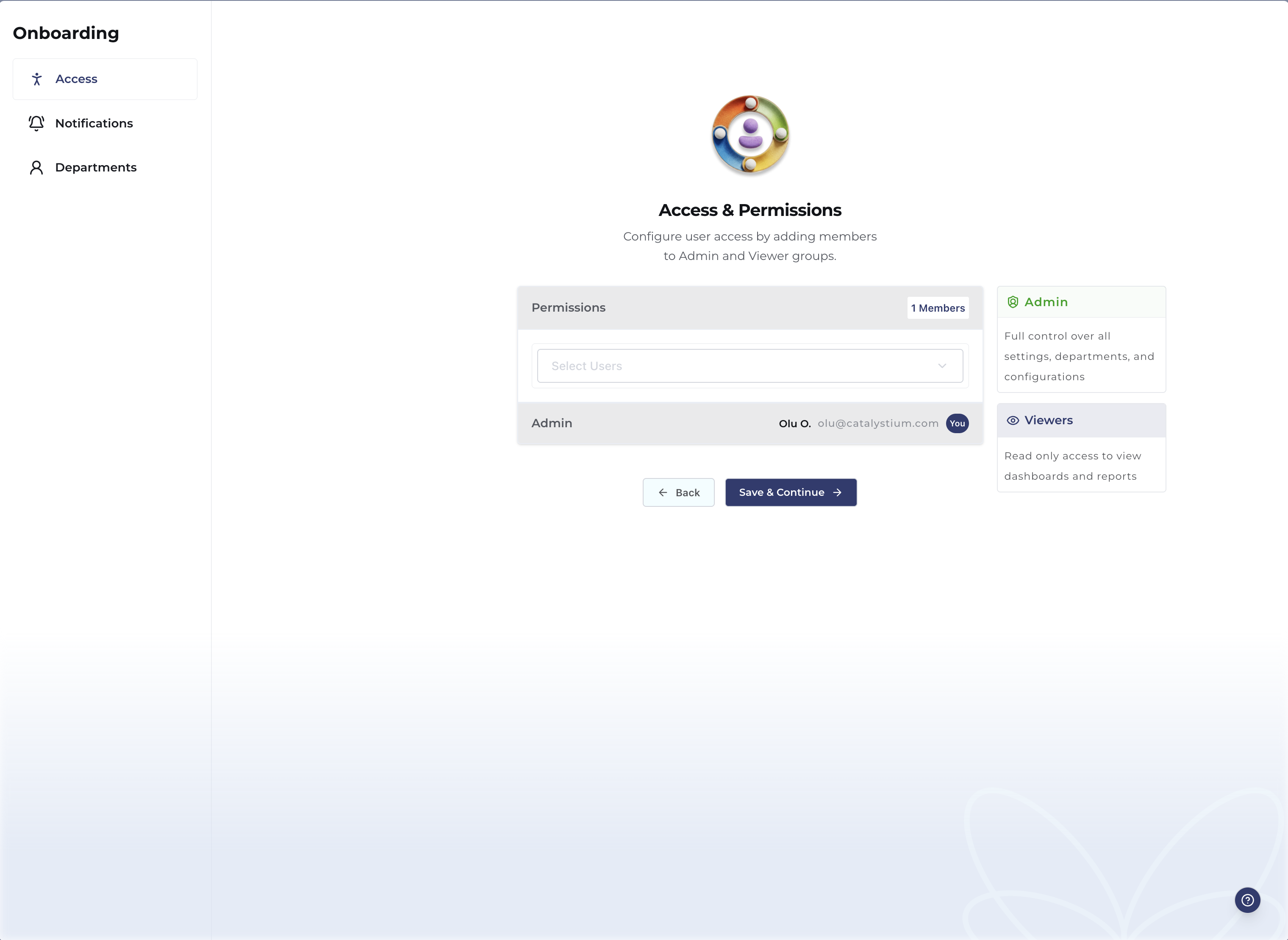 Access & Permissions configuration screen showing Admin and Viewer roles