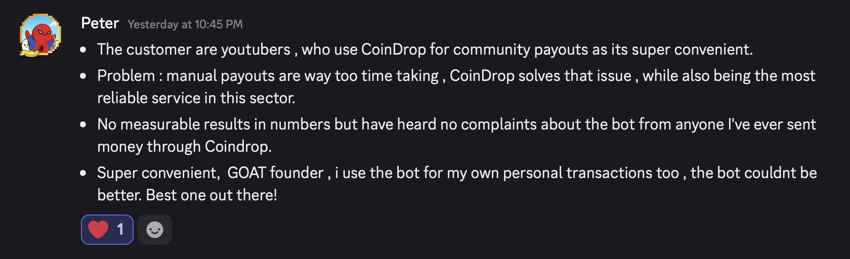 Peter describing CoinDrop for YouTube community payouts
