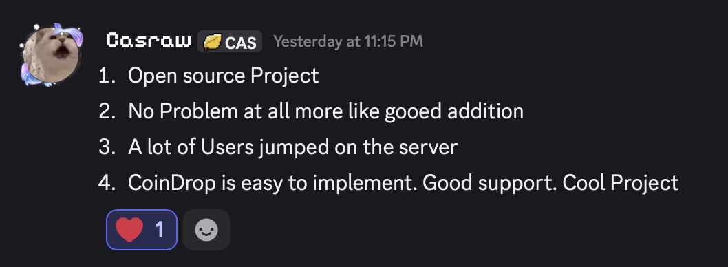 Casraw describing CoinDrop as easy to implement with good support