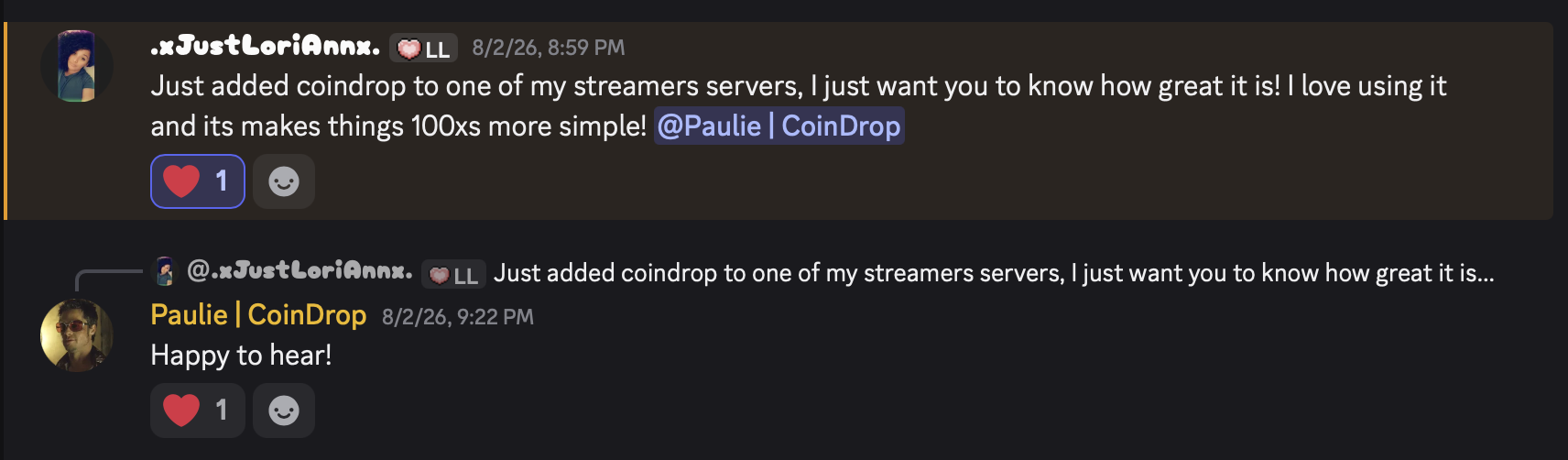 JustLoriAnn praising CoinDrop after adding it to a streamer's server
