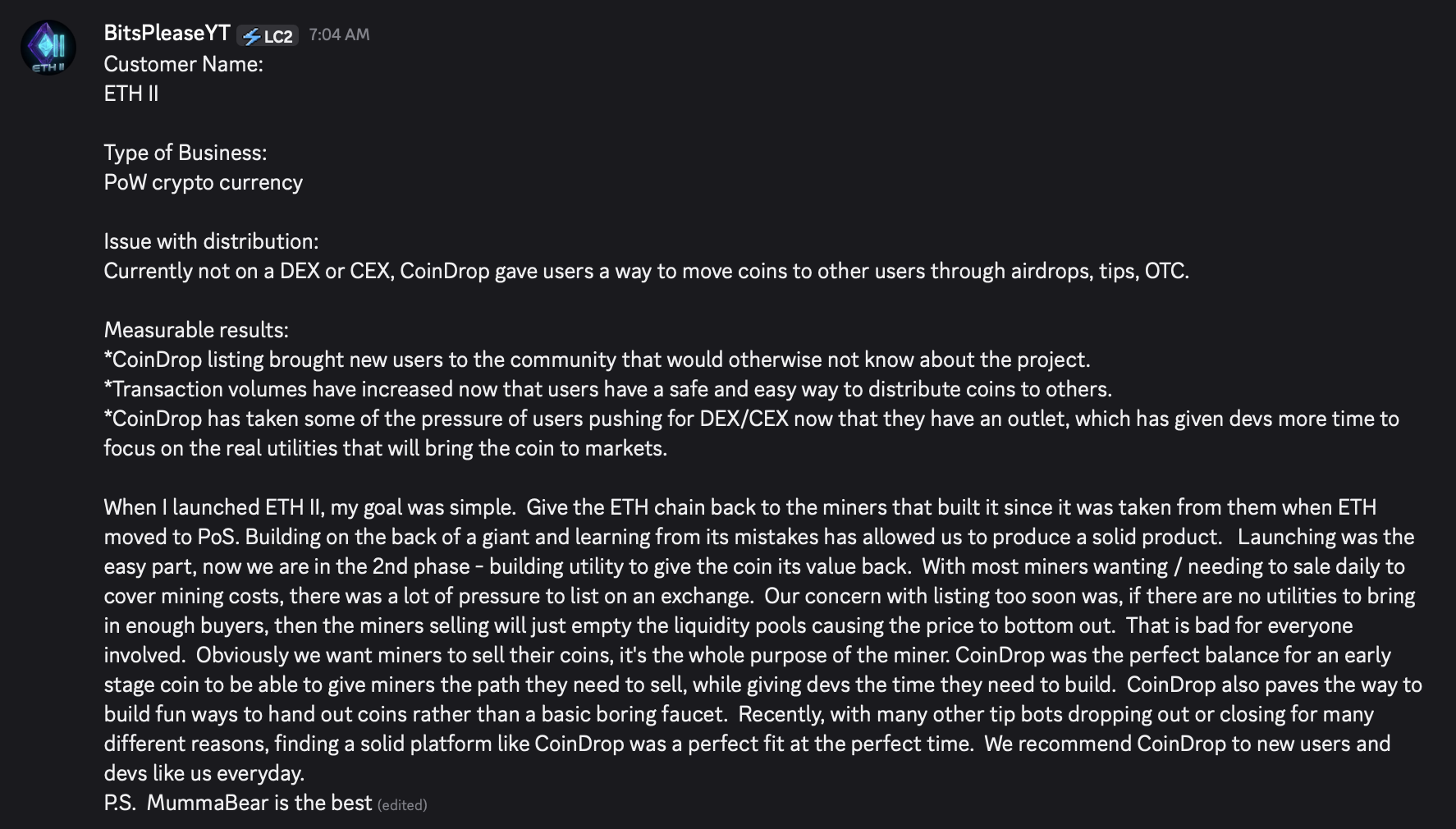 ETH II case study describing CoinDrop distribution through airdrops and tips