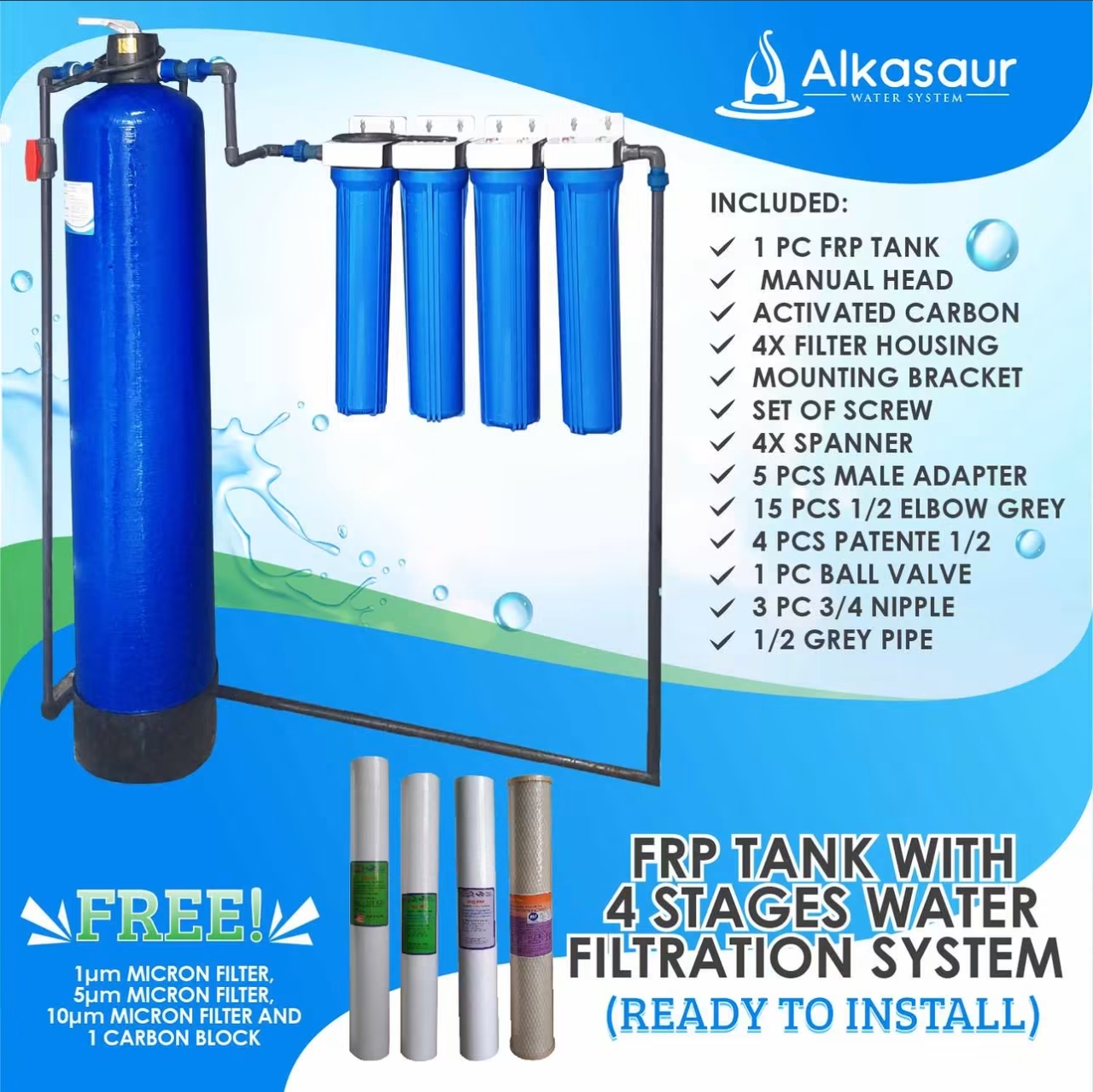Alkasaur FRP tank four stage water filtration system