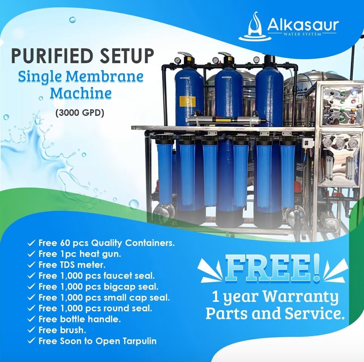 Alkasaur single membrane 3000 GPD purified setup