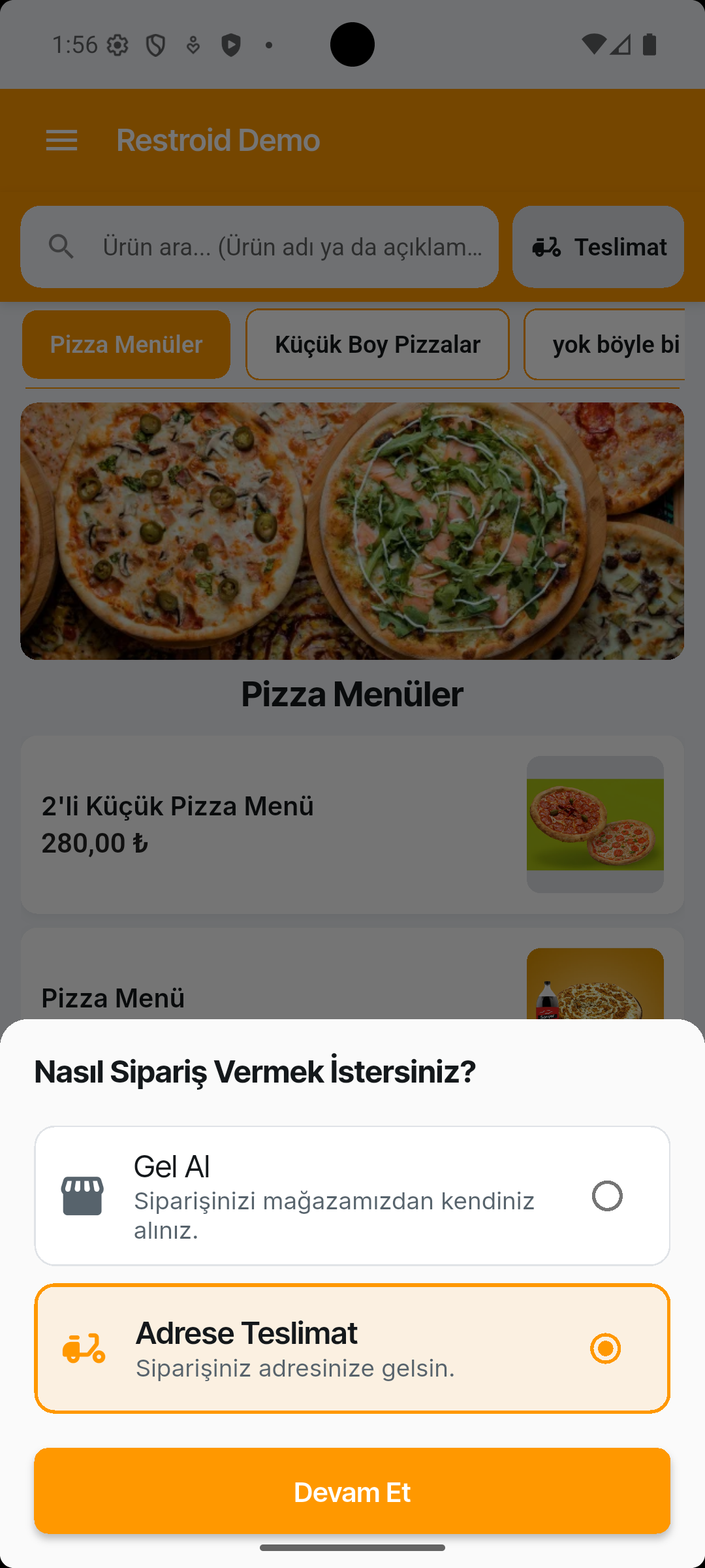 RestroidORDER Teslimat Seçimi
