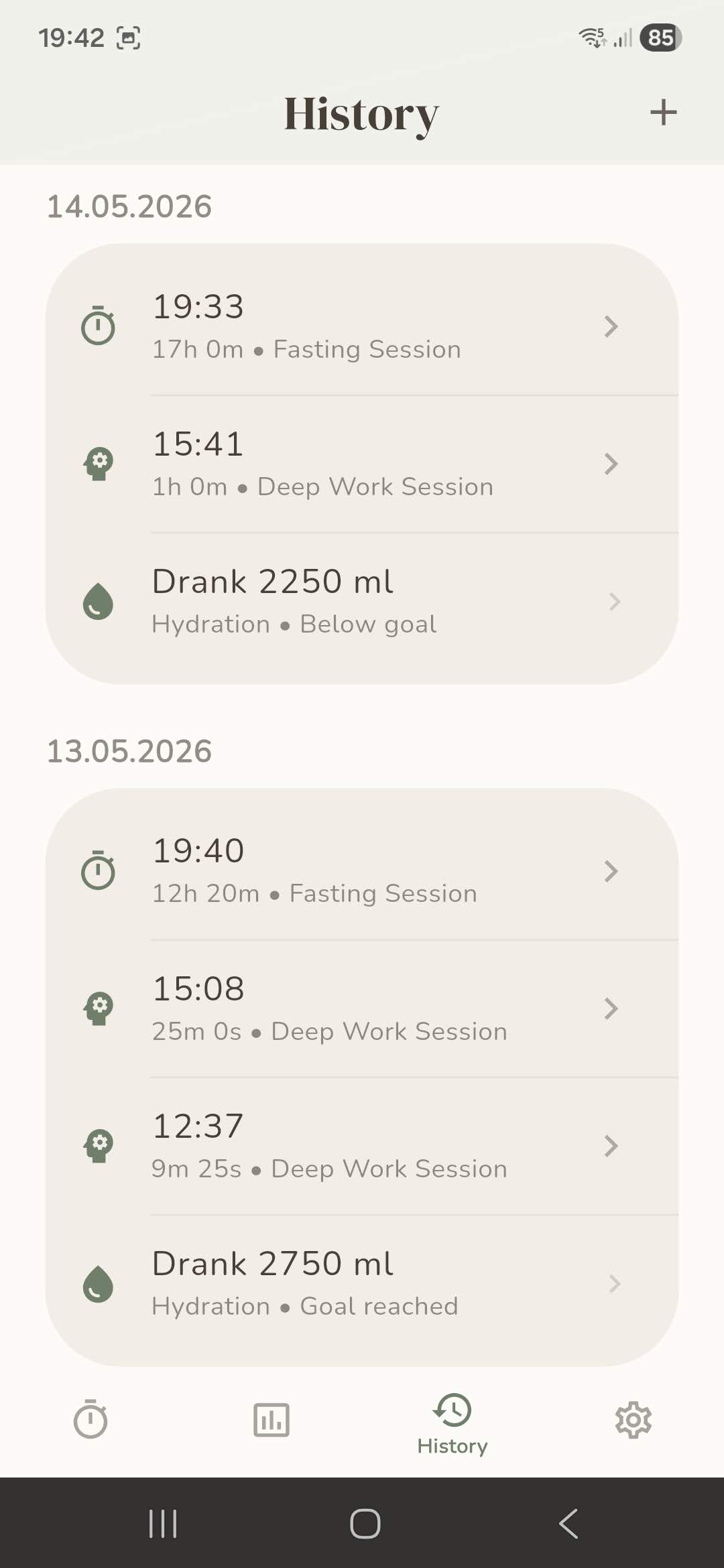 History view of all sessions