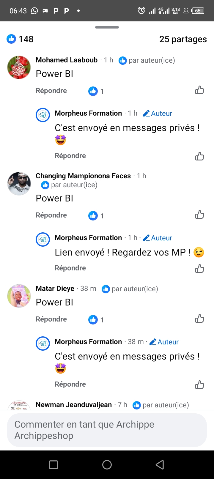 Morpheus Formation - DM automatiques envoyés en réponse au mot-clé Power BI