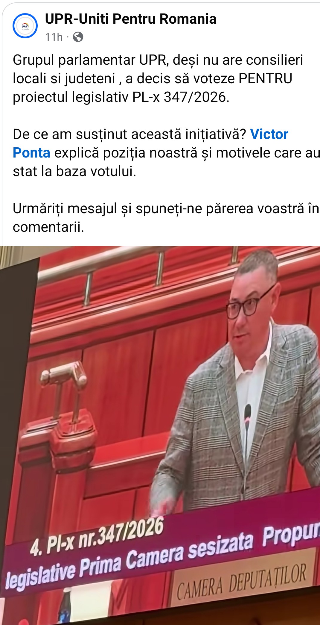 Grupul parlamentar UPR votează pentru proiectul legislativ PL-x 347/2026 în plenul Camerei Deputaților