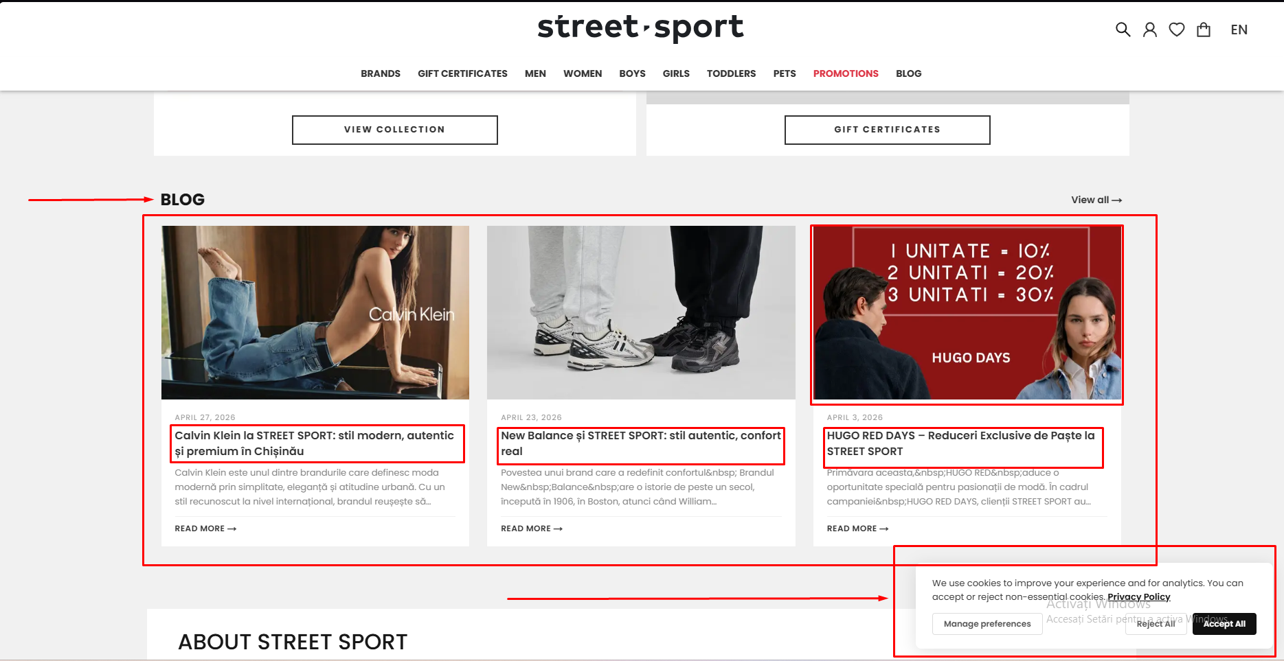 STREET SPORT Blog Section with Cookie Banner