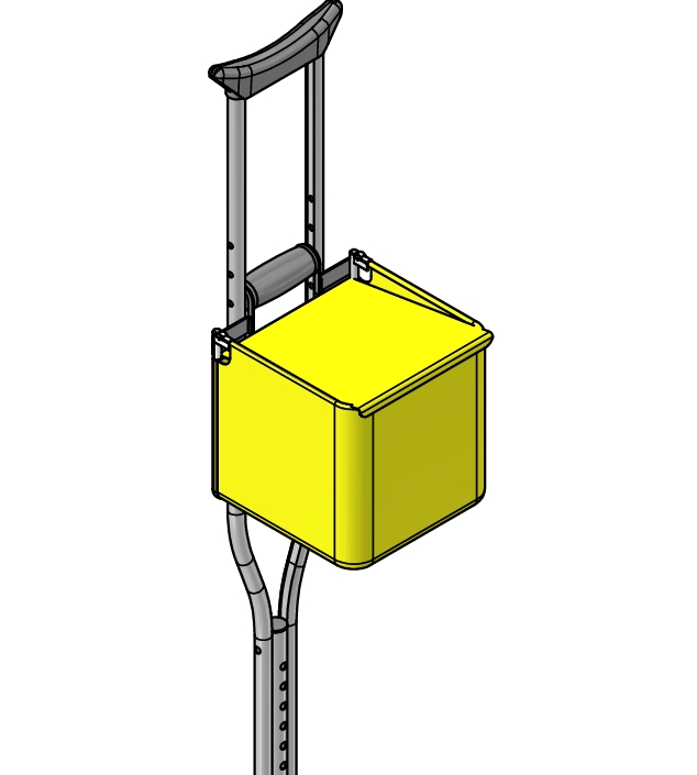 Keeplie carry basket attached to a pair of crutches