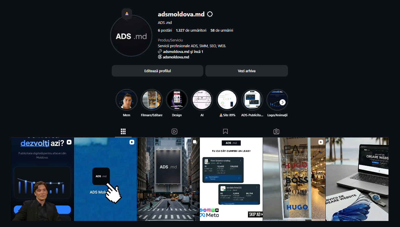 ADS Moldova Instagram profile showing 1,327 followers and professional services