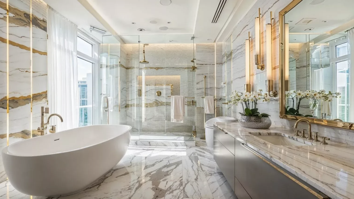 Ultra-luxury master bathroom with full marble walls and floors with gold veining, oval freestanding tub, gold fixtures, walk-in glass shower, and fresh orchid arrangement