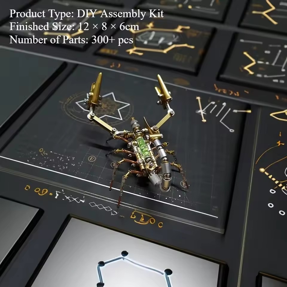 Gold mechanical insect model on display board