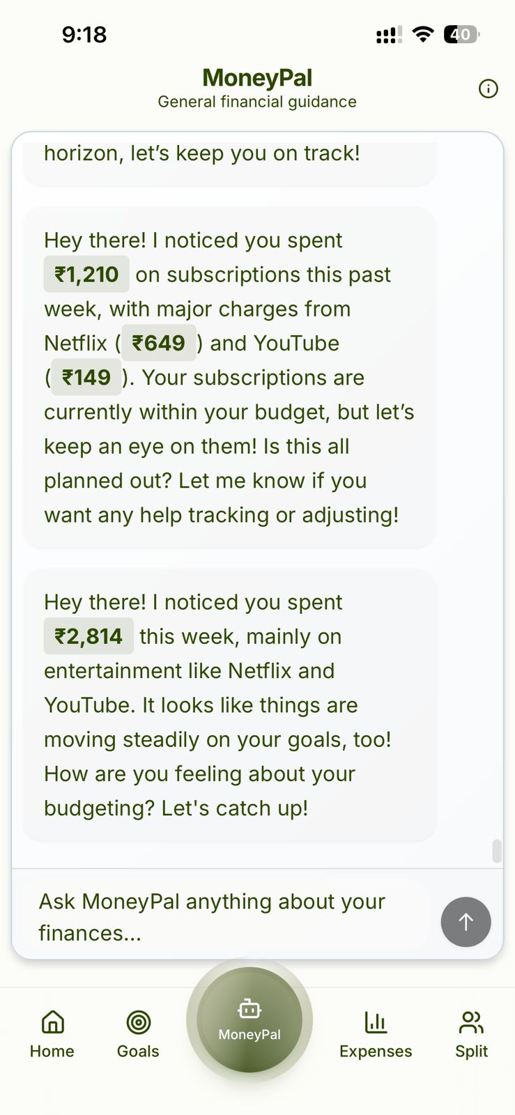 MoneyPal proactive AI nudge showing subscription spending alerts