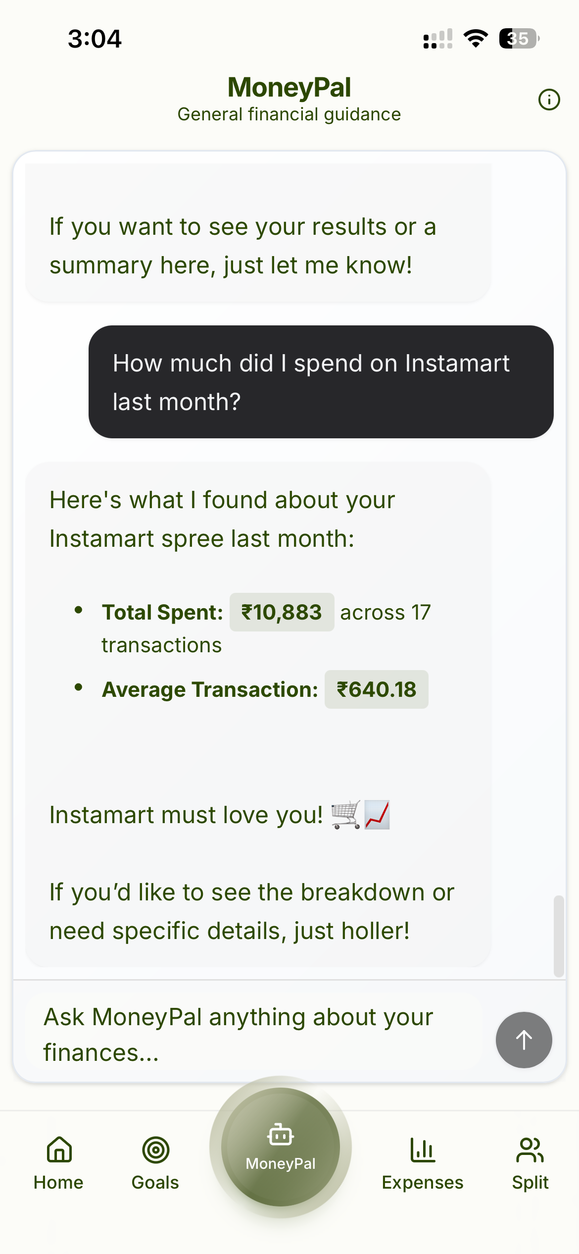 MoneyPal AI answering question about Instamart spending last month