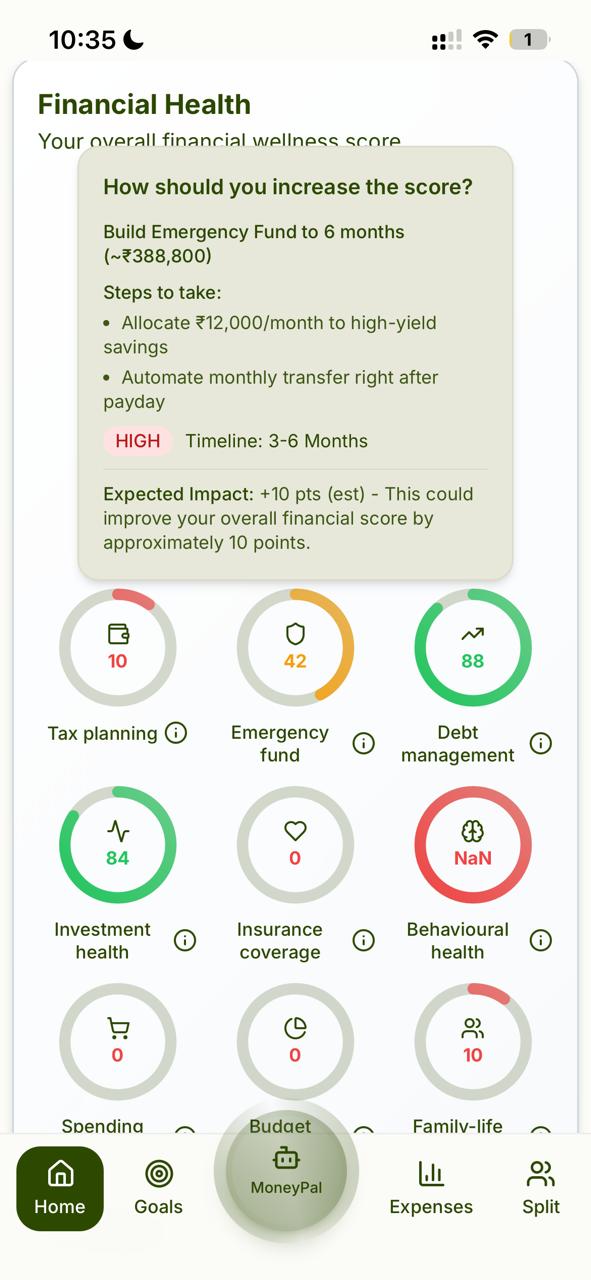MoneyPal Financial Health Score actionable recommendation panel open