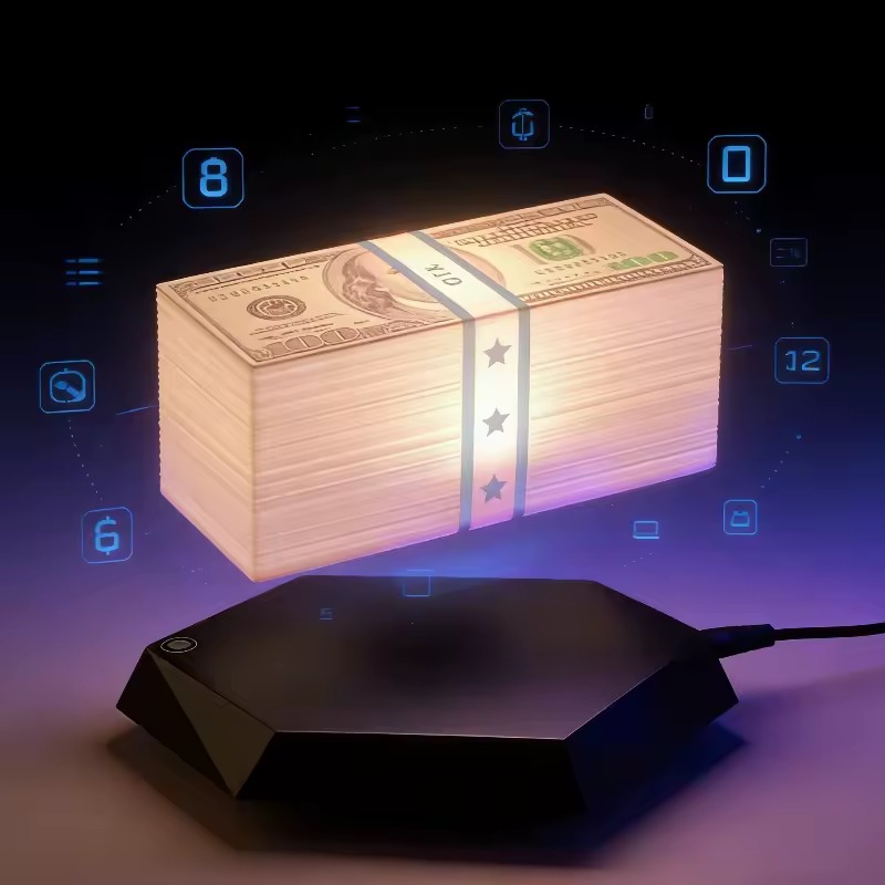 Floating Money Lamp — levitating above base with blue HUD ambient lighting