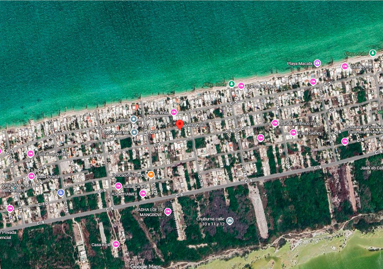 Vista satelital de Villas Nalú en Chuburná Puerto — segunda fila a 130 metros del mar