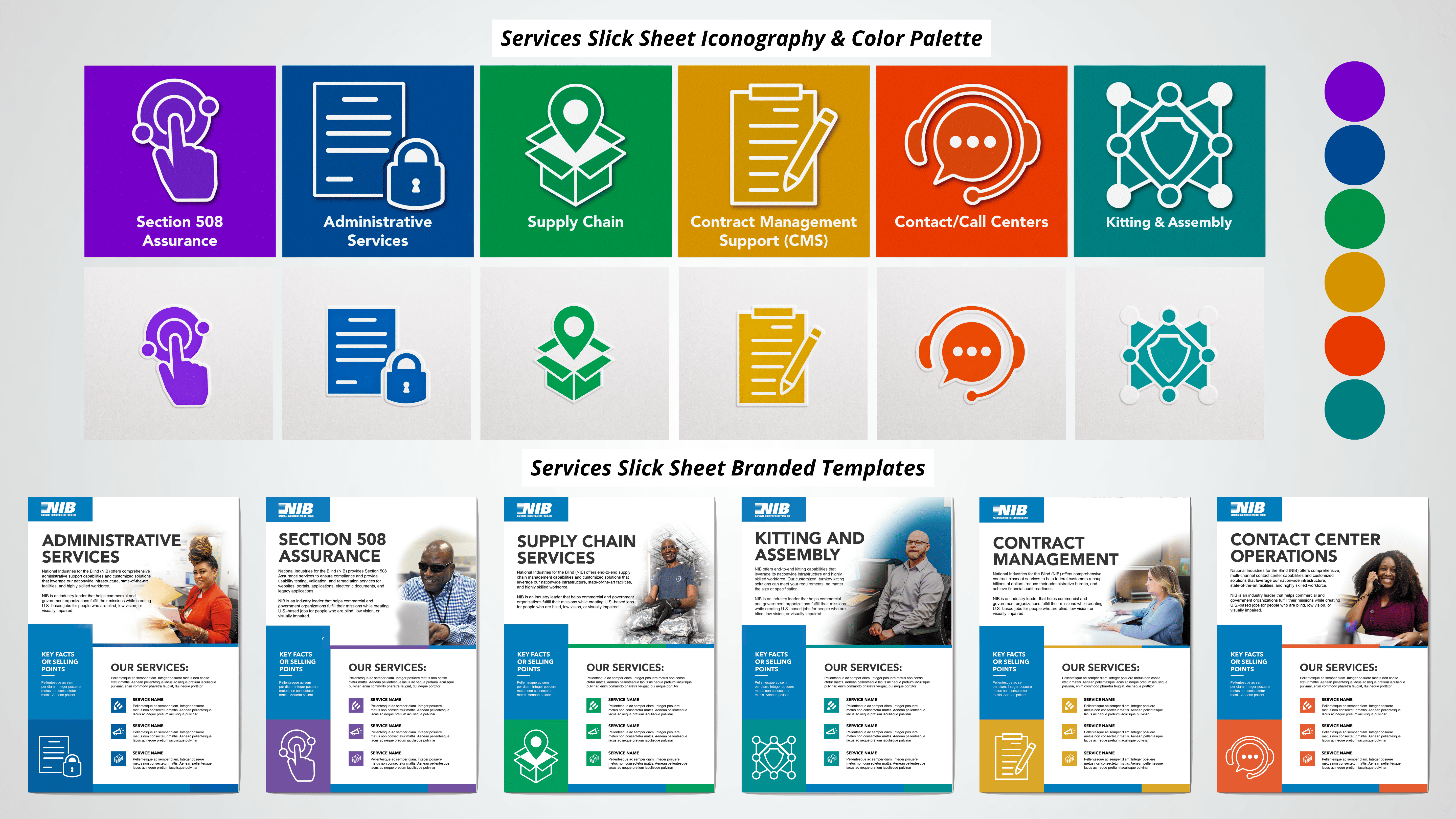 Color-coded service category iconography system and branded slick sheet templates for six service lines