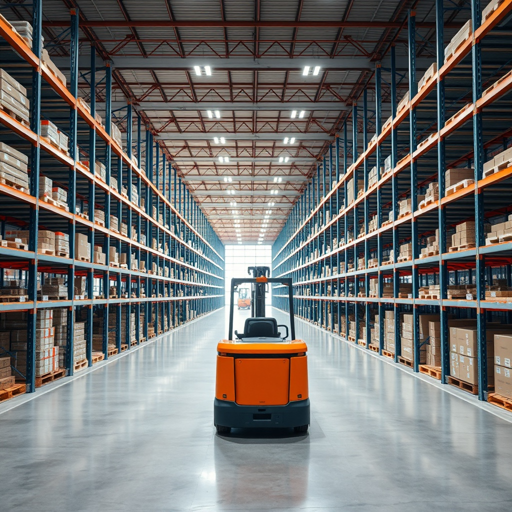 Modern warehouse interior with automated forklift and organized storage racks