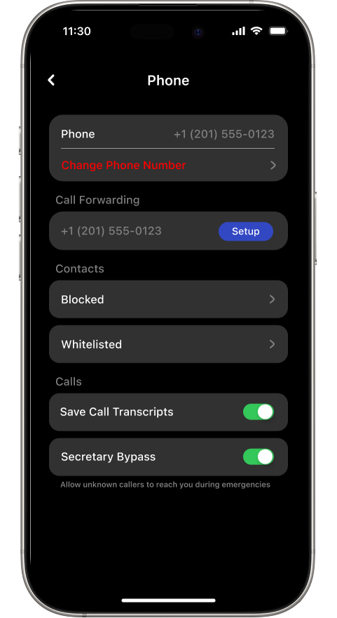 Settings Phone page with Call Forwarding section and Setup button