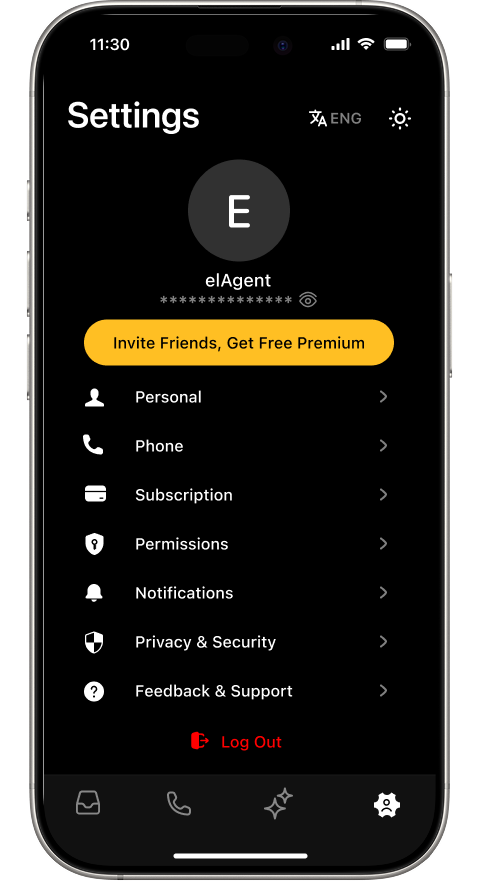 Settings screen showing profile avatar, username, referral button, and seven menu items: Personal, Phone, Subscription, Permissions, Notifications, Privacy & Security, and Feedback & Support