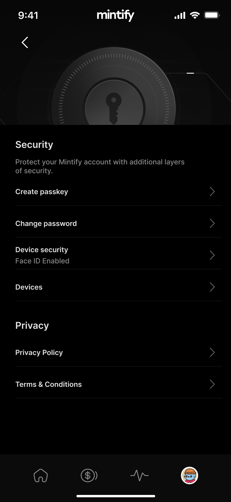 Security and privacy settings screen
