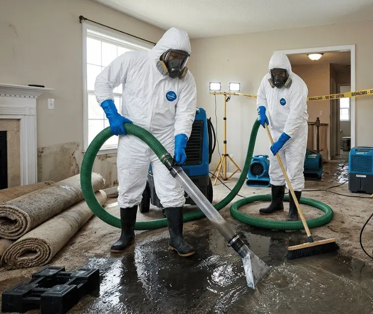 Garland Sewage Cleanup technicians extracting water and decontaminating a flooded home