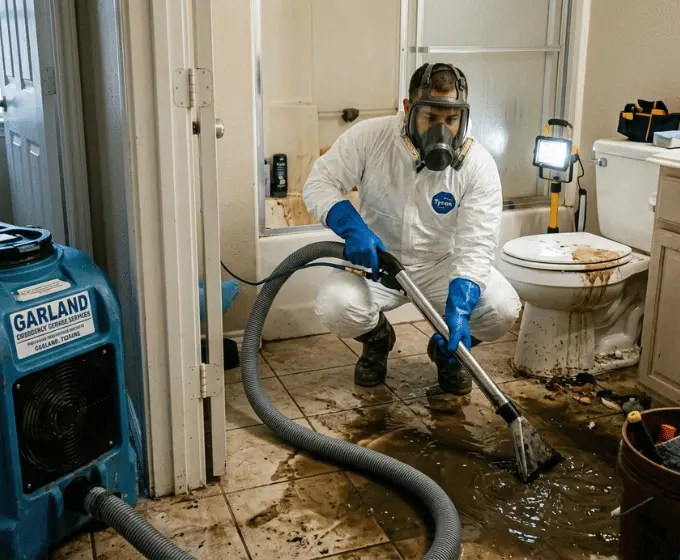 Technician extracting sewage backup water from a Garland home bathroom floor