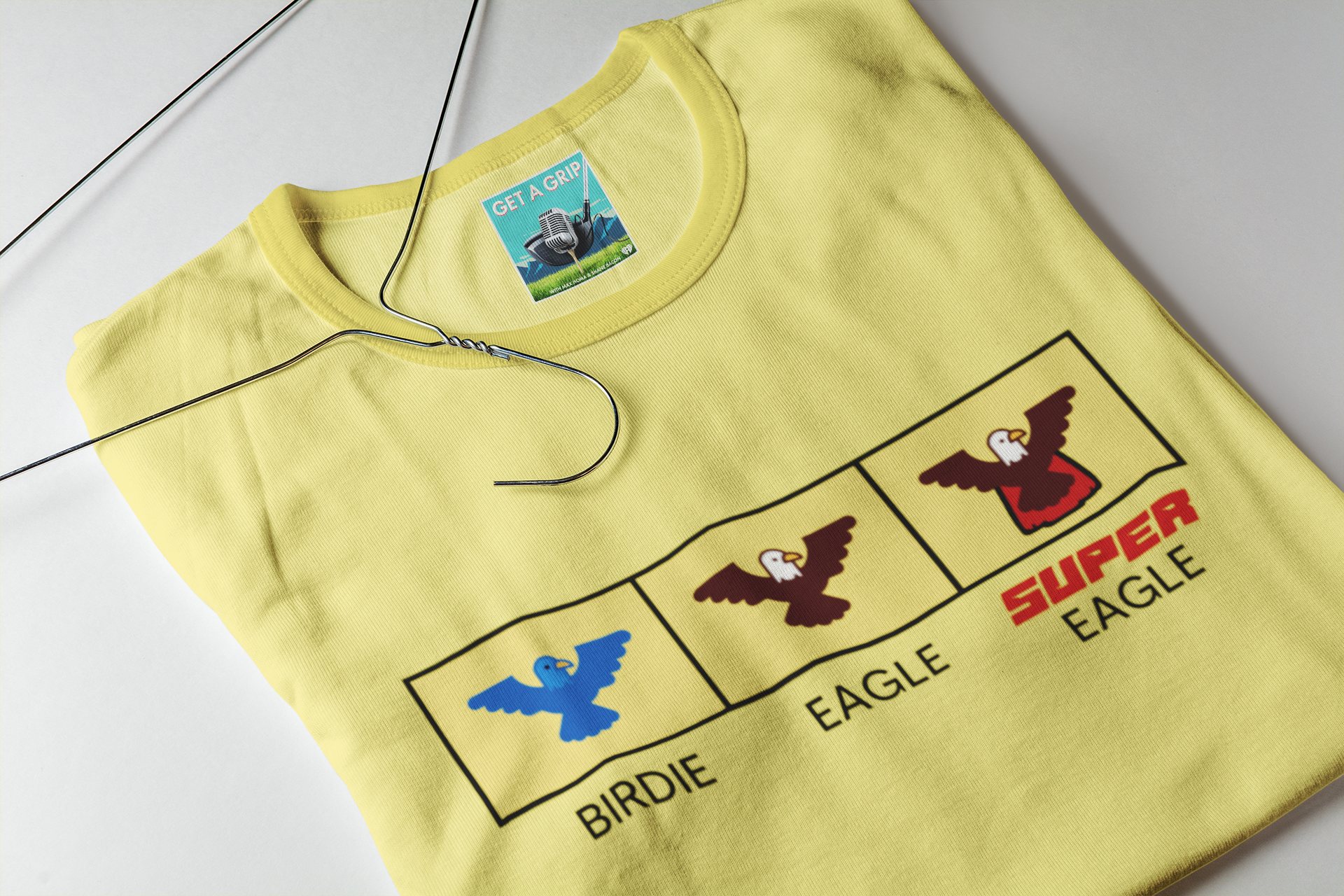 Shane Bacon yellow Get A Grip podcast t-shirt