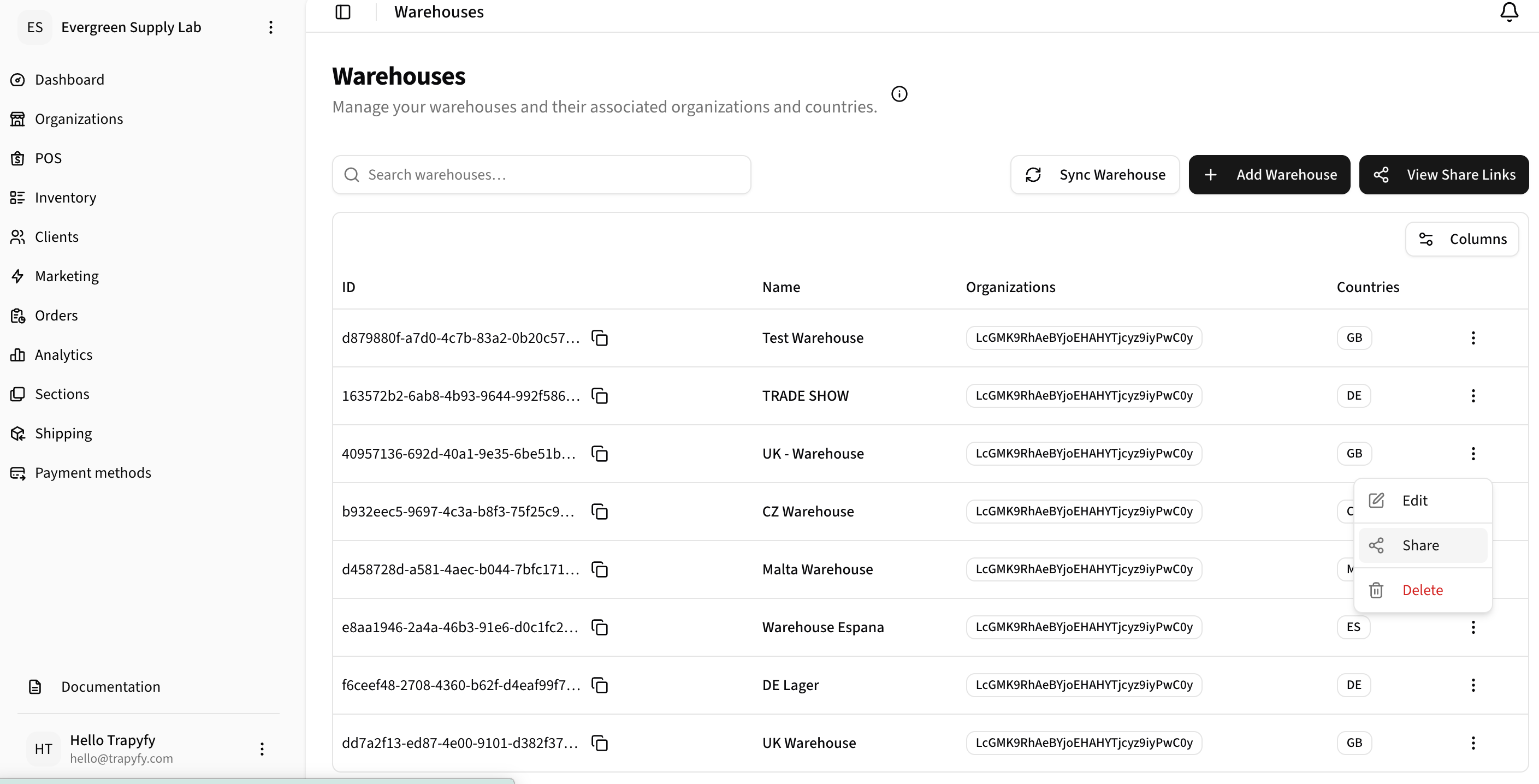 Warehouses list with a kebab actions menu open on a warehouse row showing Edit, Share, and Delete options