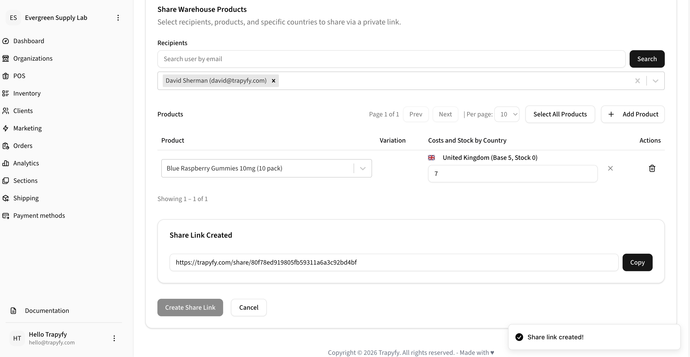 Create Share Link form after completion showing the recipient resolved to David Sherman (david@trapyfy.com), a Share Link Created panel with a private trapyfy.com URL and a Copy button, and a Share link created toast notification