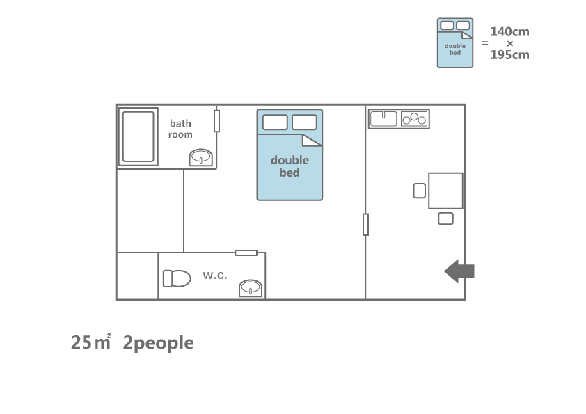 Shirakawa Cottage floor plan showing 25.1 sqm single-floor layout with double bed, bathroom, W.C., kitchen and living area for 2 guests