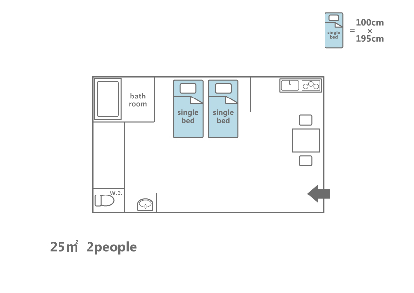 Shizuka-An floor plan showing 26.6 sqm single-floor layout with 2 single beds, living area, bathroom and W.C. for 2 guests