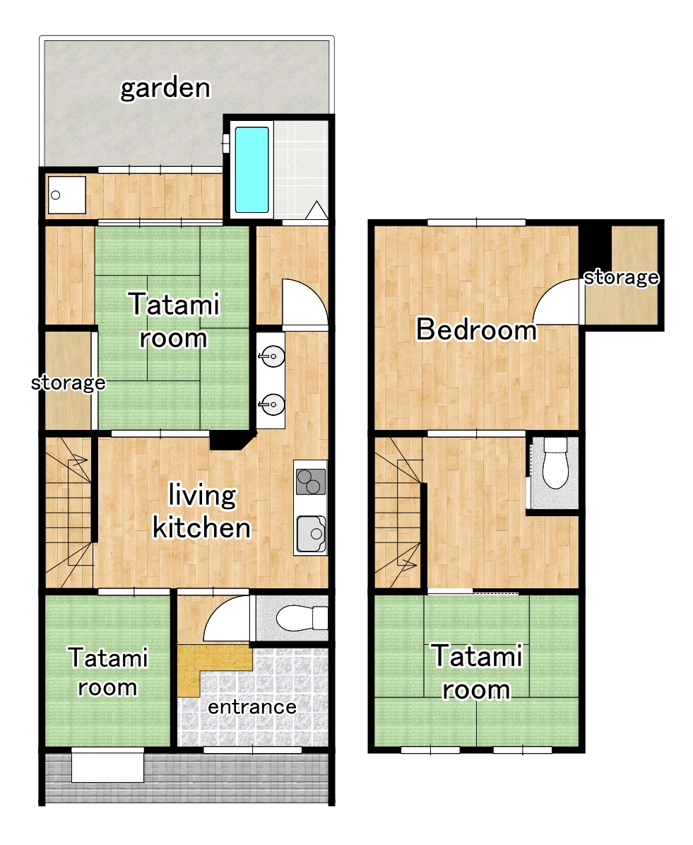 Shoshin-an floor plan showing two floors with garden, tatami rooms, living kitchen, and bedroom