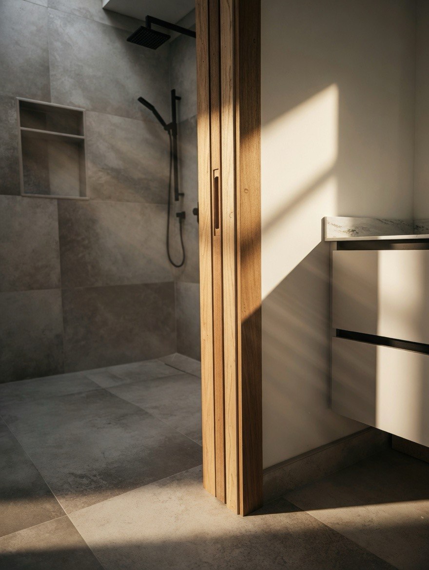 Contemporary Bathroom with Pocket Door
