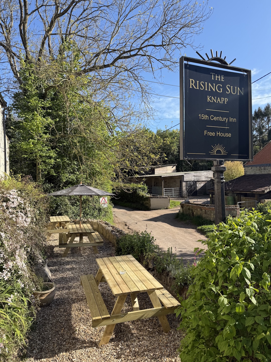 The Rising Sun Knapp - 15th Century Inn pub sign with beer garden